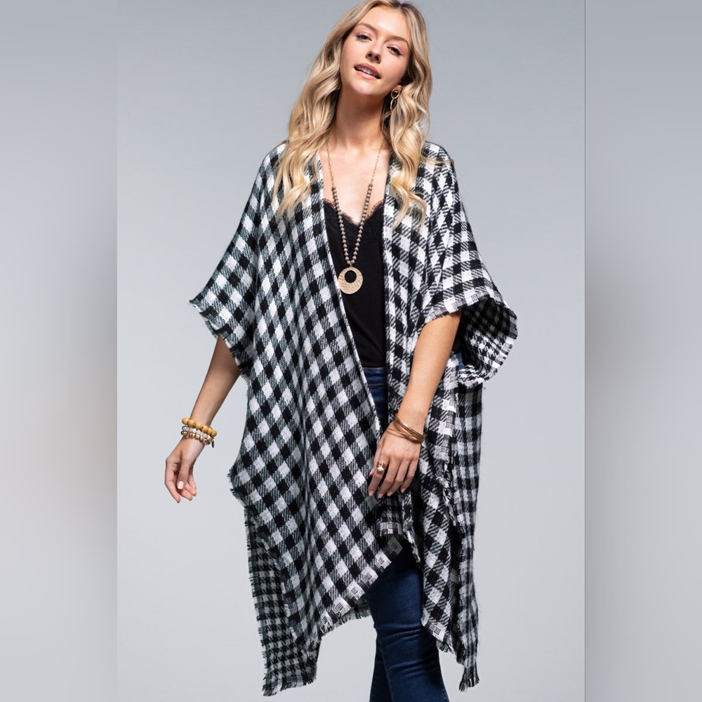 Reversible Black / White Buffalo Plaid Kimono w/ Frayed Fringe